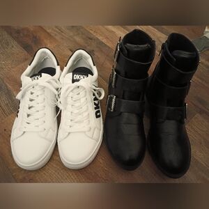 two pair of women's 7 and 1/2 tennis shoes and boots